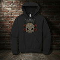 Black hoodie front, natural lighting on brick backdrop