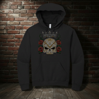 Black hoodie front, natural lighting on brick backdrop