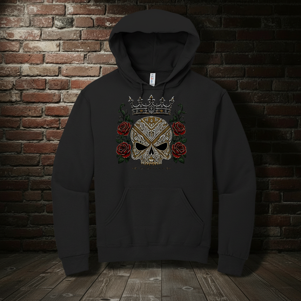Black hoodie front, natural lighting on brick backdrop