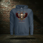 Il Bacio Della Morte Hoodie in Blue Dusk on a ghost form against a dark brick wall and wood floor