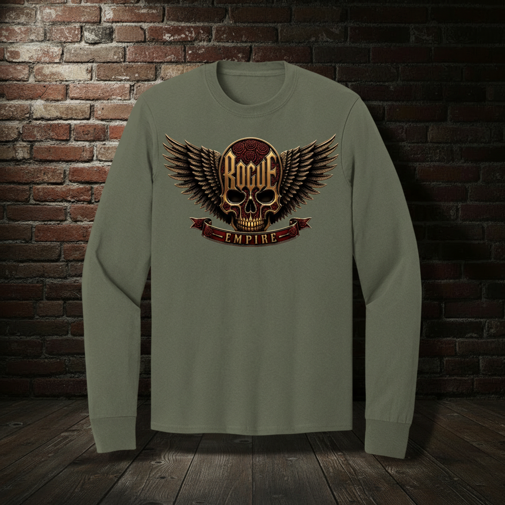 Rogue Empire Winged Skull Crest long sleeve tee in Olive Drab Green with boutique brick-wall background