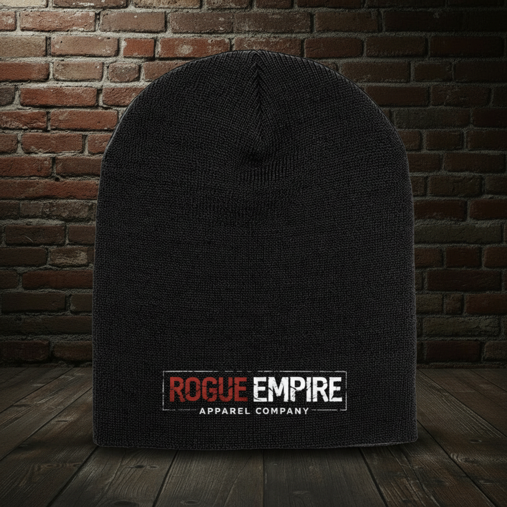 Manifest Destiny Knit Hat in Black with closer framing and the exact Empire Globe Crest Bomber boutique background
