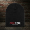 Manifest Destiny Knit Hat in Black with closer framing and the exact Empire Globe Crest Bomber boutique background