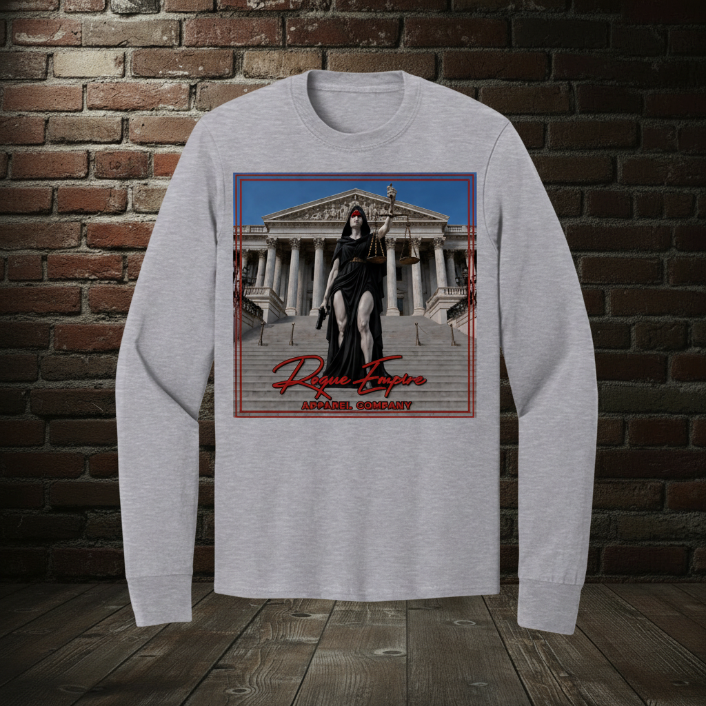 Scales of Just Us long-sleeve tee in Athletic Heather with the Empire Globe Crest Bomber boutique background