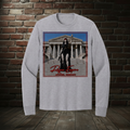 Scales of Just Us long-sleeve tee in Athletic Heather with the Empire Globe Crest Bomber boutique background