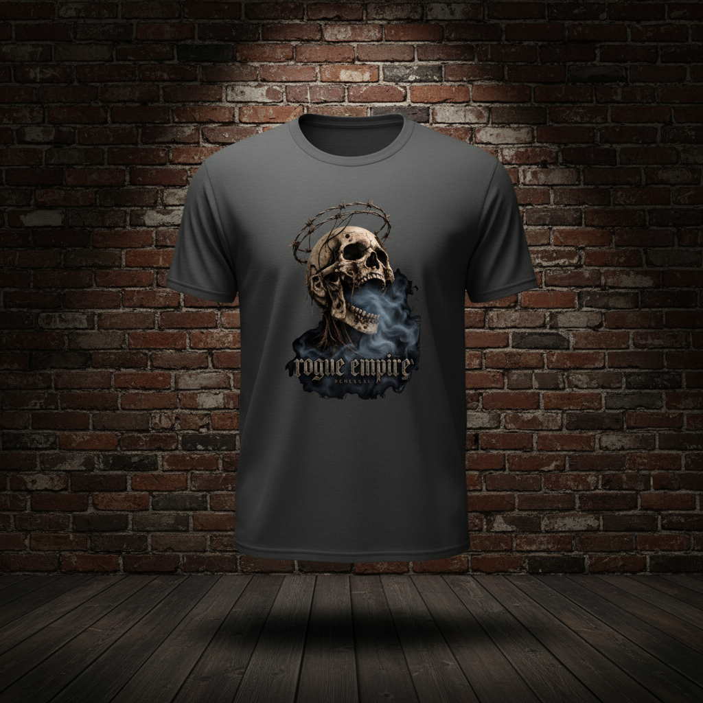 Eternal Scream Tee in Charcoal on a ghost form against a dark brick wall and wood floor