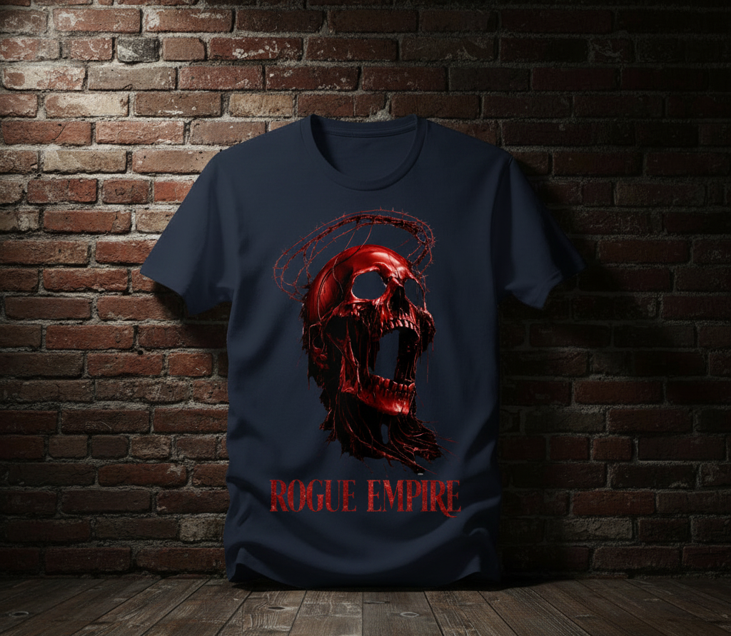 Immortal Scream Tee in True Navy against a dark brick wall