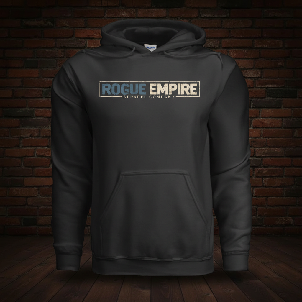 Manifest Hoodie Series II Black boxed Rogue Empire logo on dark red brick and wood floor background