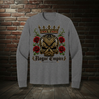 Sovereign Rose long-sleeve tee in Athletic Heather with the Empire Globe Crest Bomber boutique background