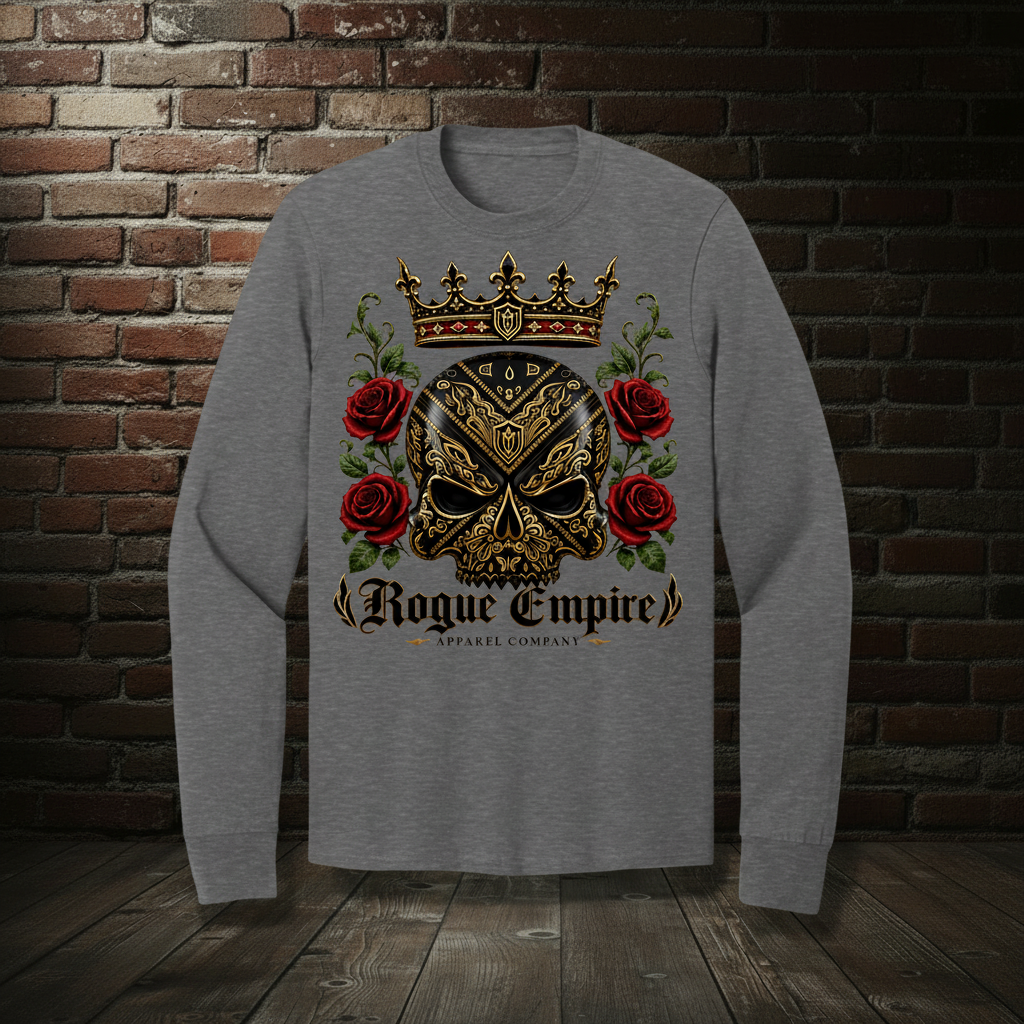 Sovereign Rose long-sleeve tee in Athletic Heather with the Empire Globe Crest Bomber boutique background