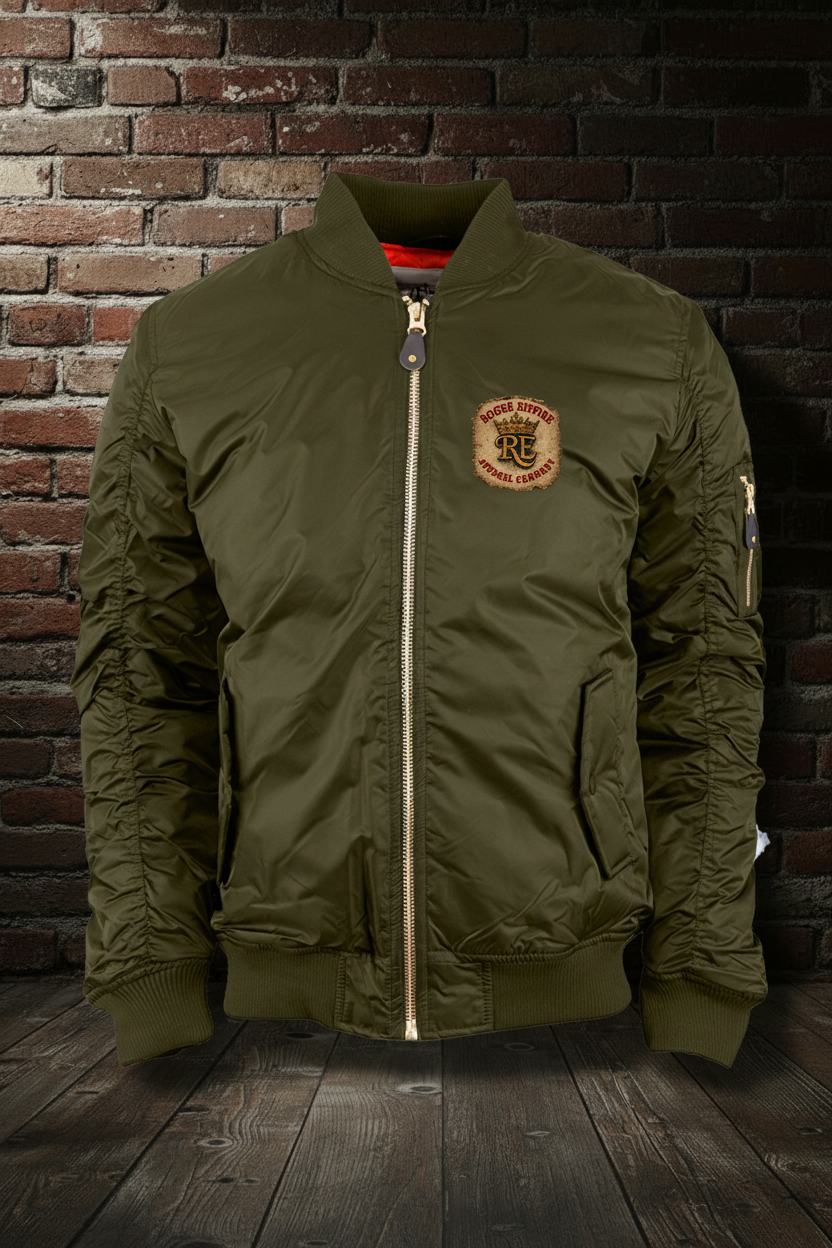 Empire Globe Crest Bomber front with boutique background