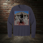 Scales of Just Us long-sleeve tee in True Navy with the Empire Globe Crest Bomber boutique background