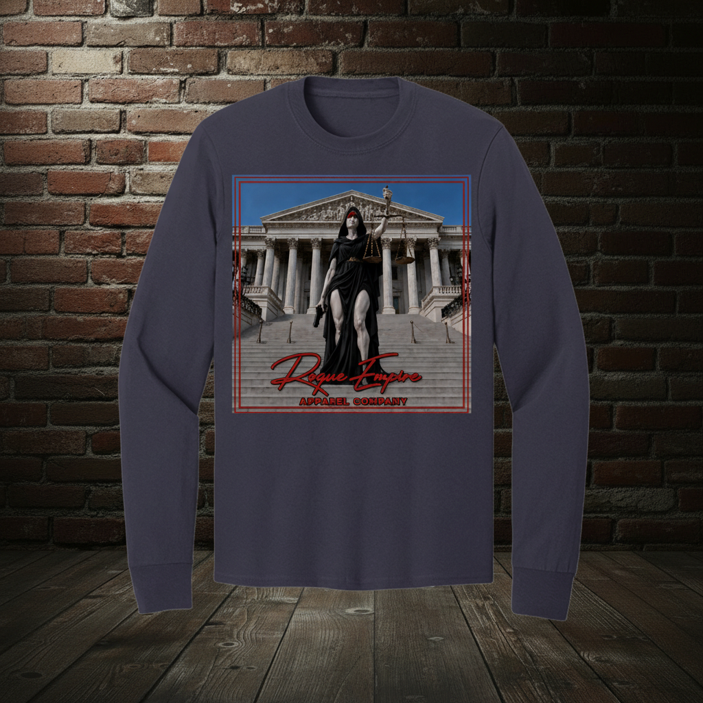 Scales of Just Us long-sleeve tee in True Navy with the Empire Globe Crest Bomber boutique background