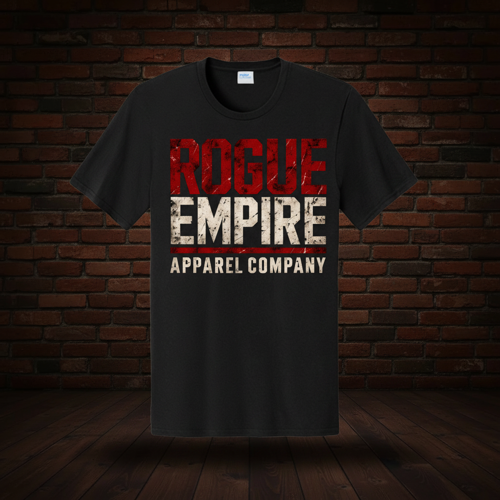 Rogue Legacy Tee Series II Jet Black exact artwork on dark red brick and wood floor background