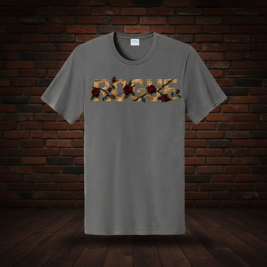 Defiant Bloom Tee Series I Charcoal exact artwork on dark red brick and wood floor background