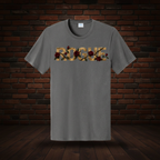 Defiant Bloom Tee Series I Charcoal exact artwork on dark red brick and wood floor background