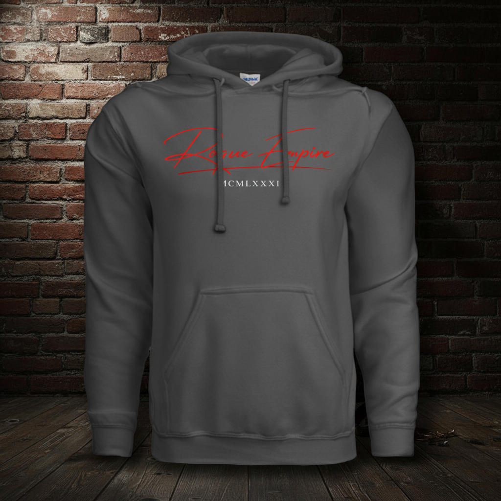 Founders Hoodie in Charcoal against a dark brick wall