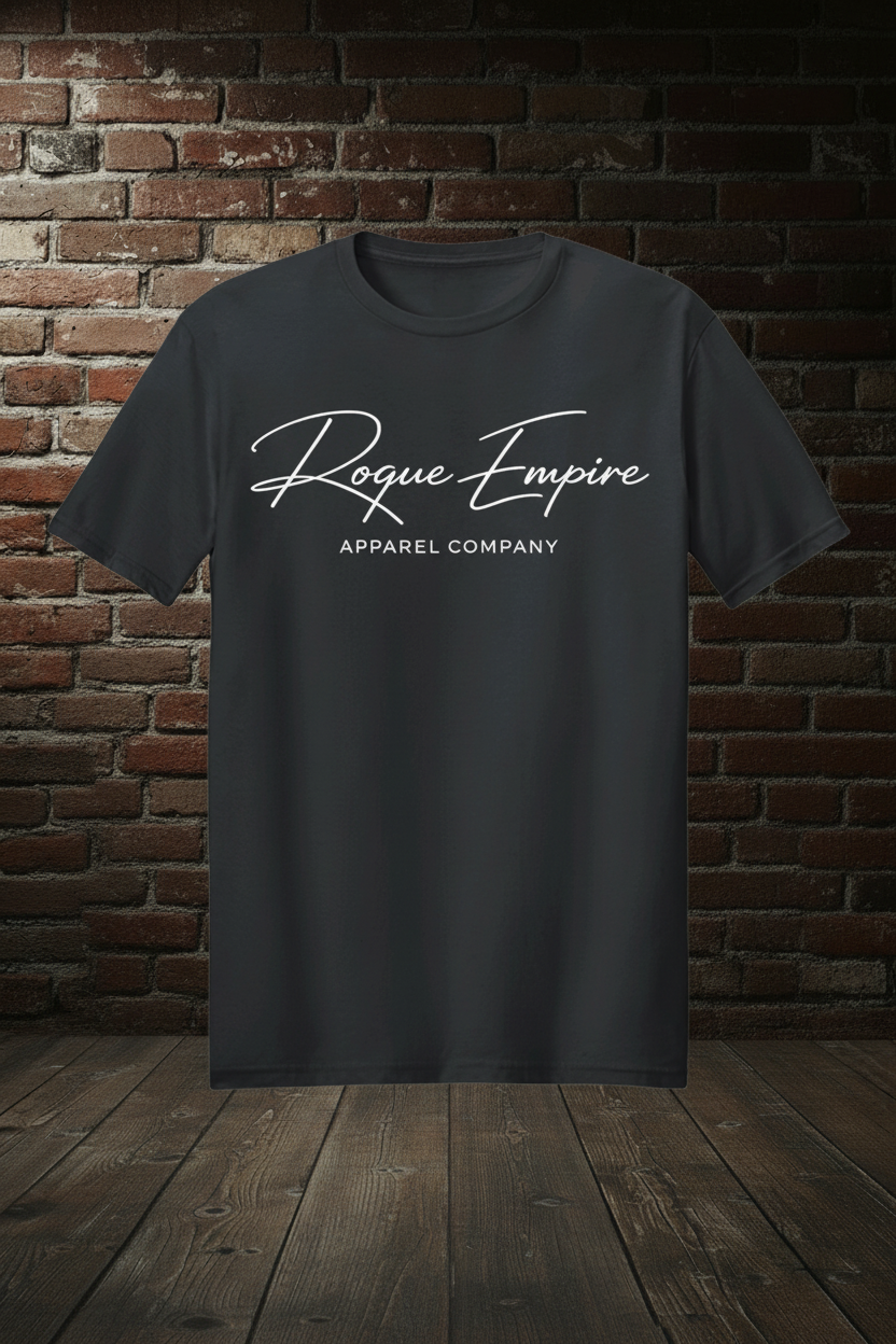Signature Script Tee White short sleeve in Black with Rogue Empire boutique background