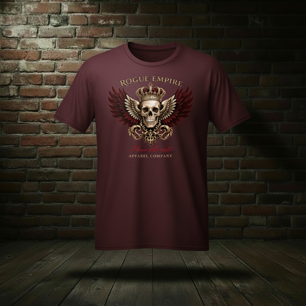 Il Bacio Della Morte Tee in Athletic Maroon on a ghost form against a dark brick wall and wood floor