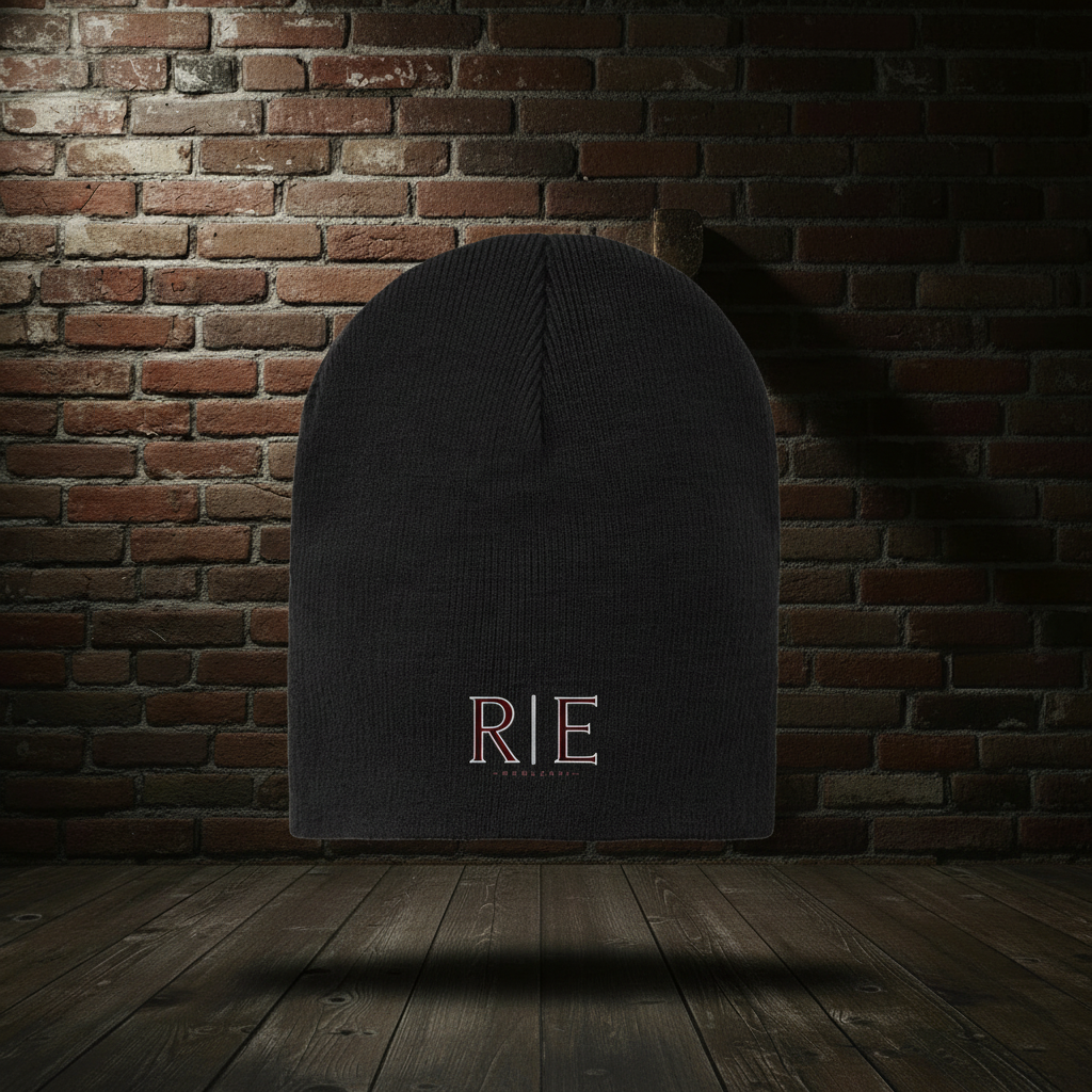 Black Founders II knit hat on a dark red-and-black brick boutique background
