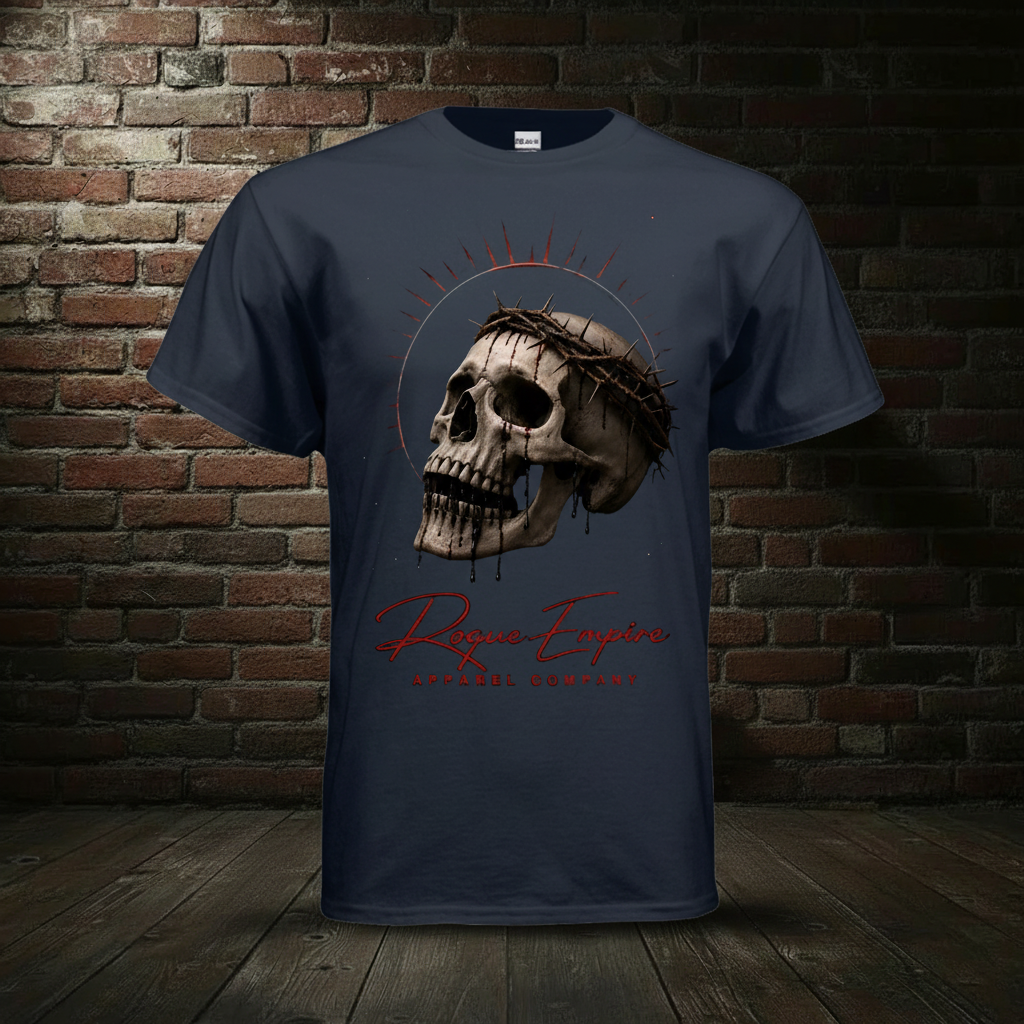 Blue Dusk Skull Drip Tee in the standard Rogue Empire boutique background