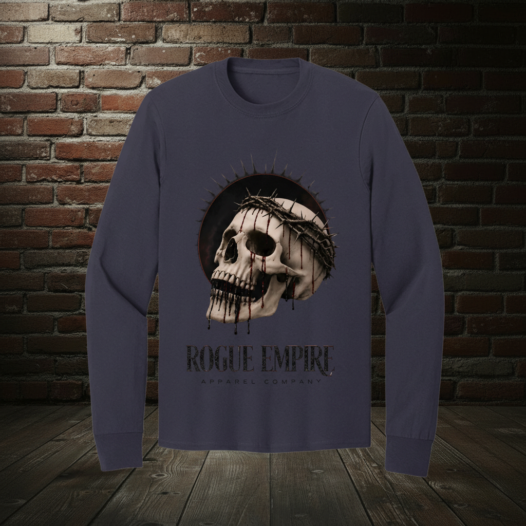 Skull Drip Tee III long-sleeve tee in True Navy with the Empire Globe Crest Bomber boutique background