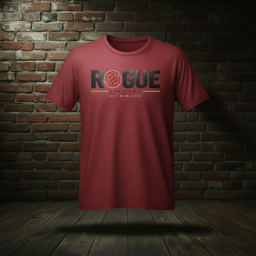 Global Empire Tee in Athletic Maroon on a ghost form against a dark brick wall and wood floor