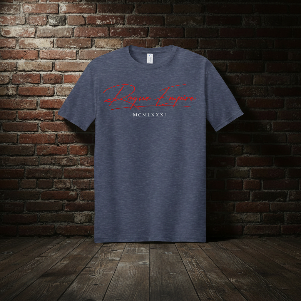 Founder’s Tee in Heather Navy with boutique brick background