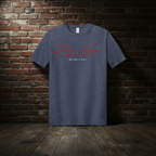 Founder’s Tee in Heather Navy with boutique brick background