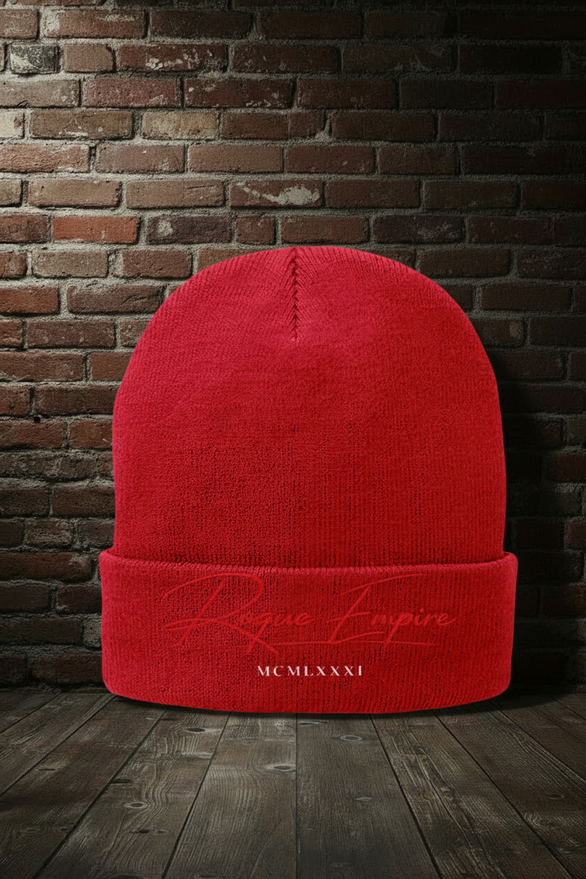 Founder’s Waffle Cuffed Beanie in Athl Red with boutique background