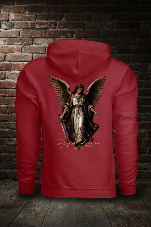 Angel of Justice Hoodie in Cherry Red, back view with angel graphic and boutique background