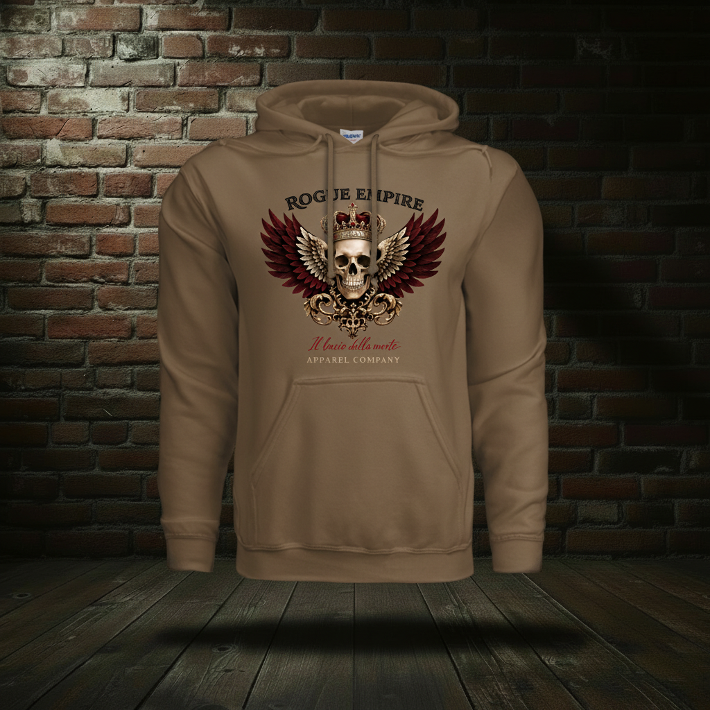 Il Bacio Della Morte Hoodie in Brown Savana on a ghost form against a dark brick wall and wood floor