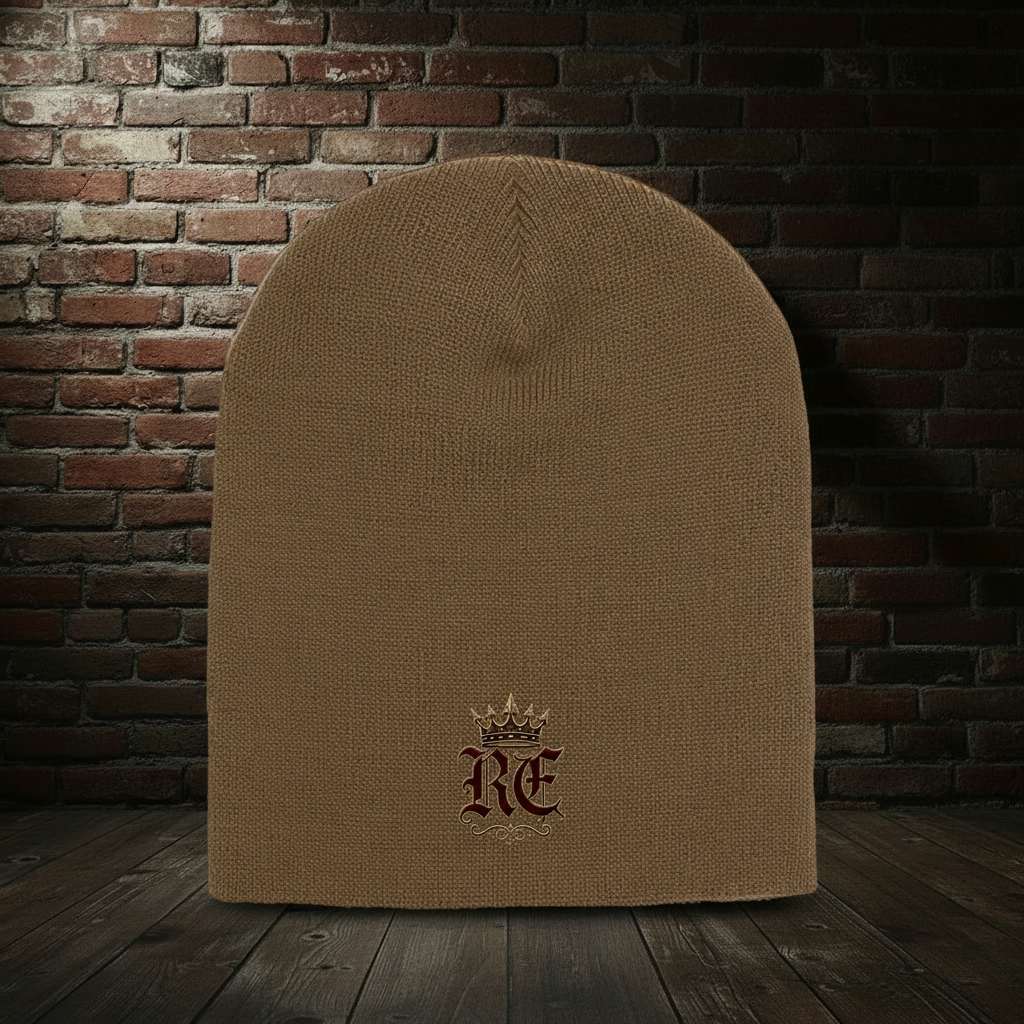 Brown RE Crest knit hat on a dark red-and-black brick boutique background