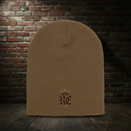 Brown RE Crest knit hat on a dark red-and-black brick boutique background