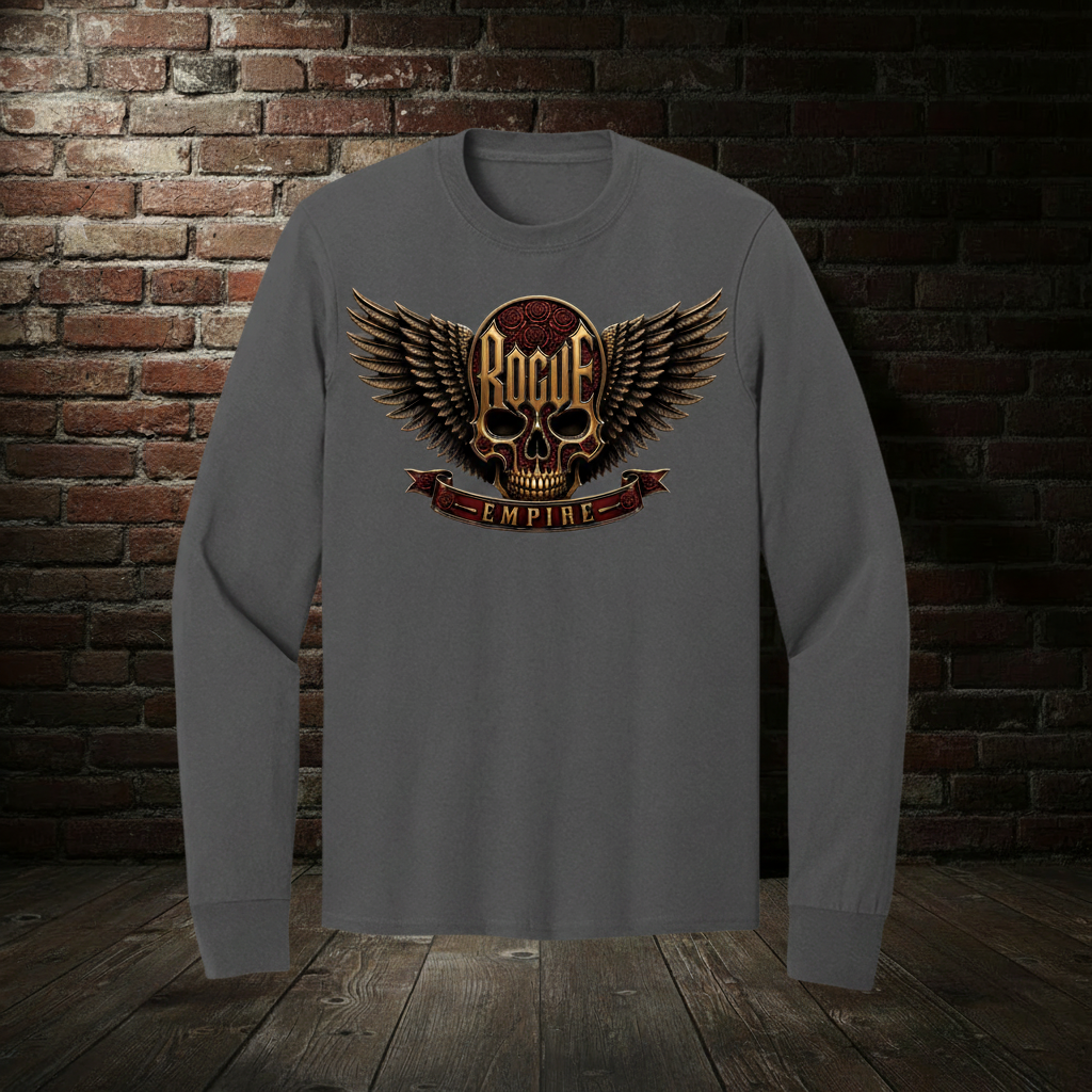 Rogue Empire Winged Skull Crest long sleeve tee in Charcoal with boutique brick-wall background