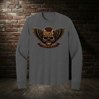 Rogue Empire Winged Skull Crest long sleeve tee in Charcoal with boutique brick-wall background