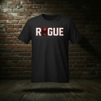 Eternal Rogue Tee in Jet Black on a ghost form against a dark brick wall and wood floor
