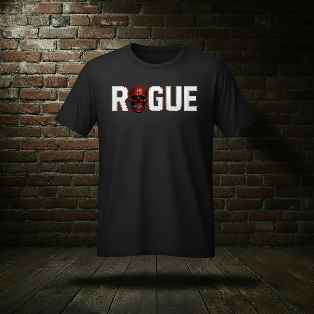 Eternal Rogue Tee in Jet Black on a ghost form against a dark brick wall and wood floor