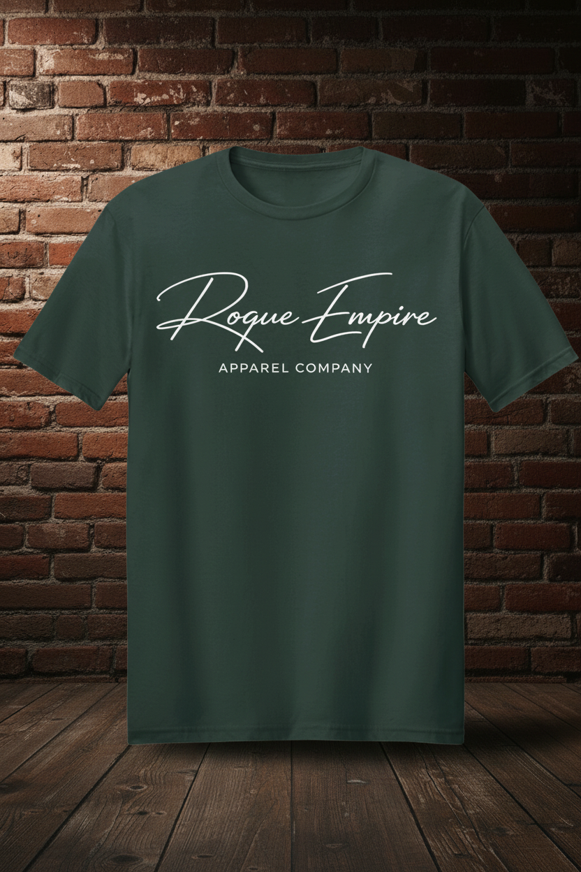 Signature Script Tee White short sleeve in Forest Green with Rogue Empire boutique background