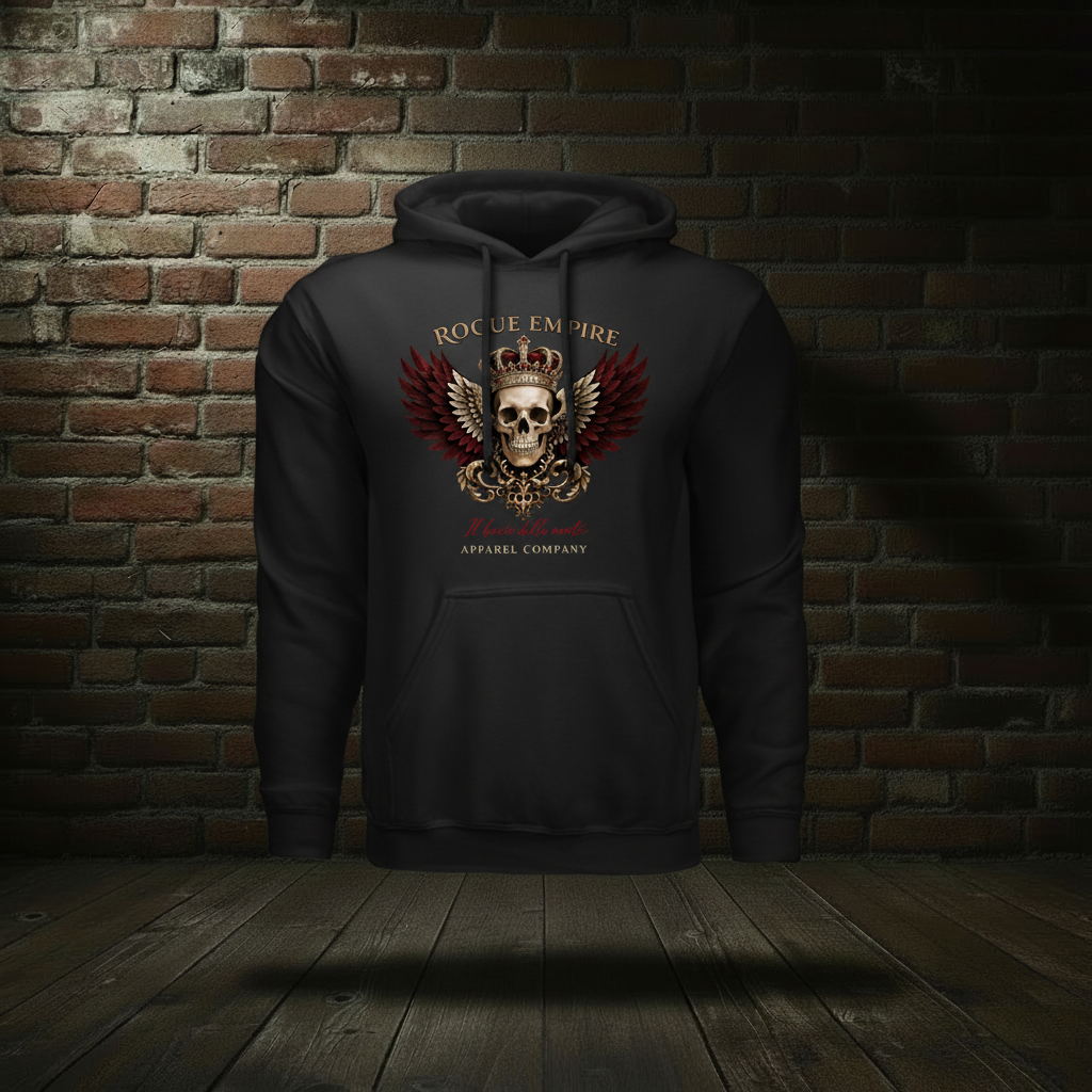 Il Bacio Della Morte Hoodie in Black on a ghost form against a dark brick wall and wood floor