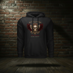 Il Bacio Della Morte Hoodie in Black on a ghost form against a dark brick wall and wood floor