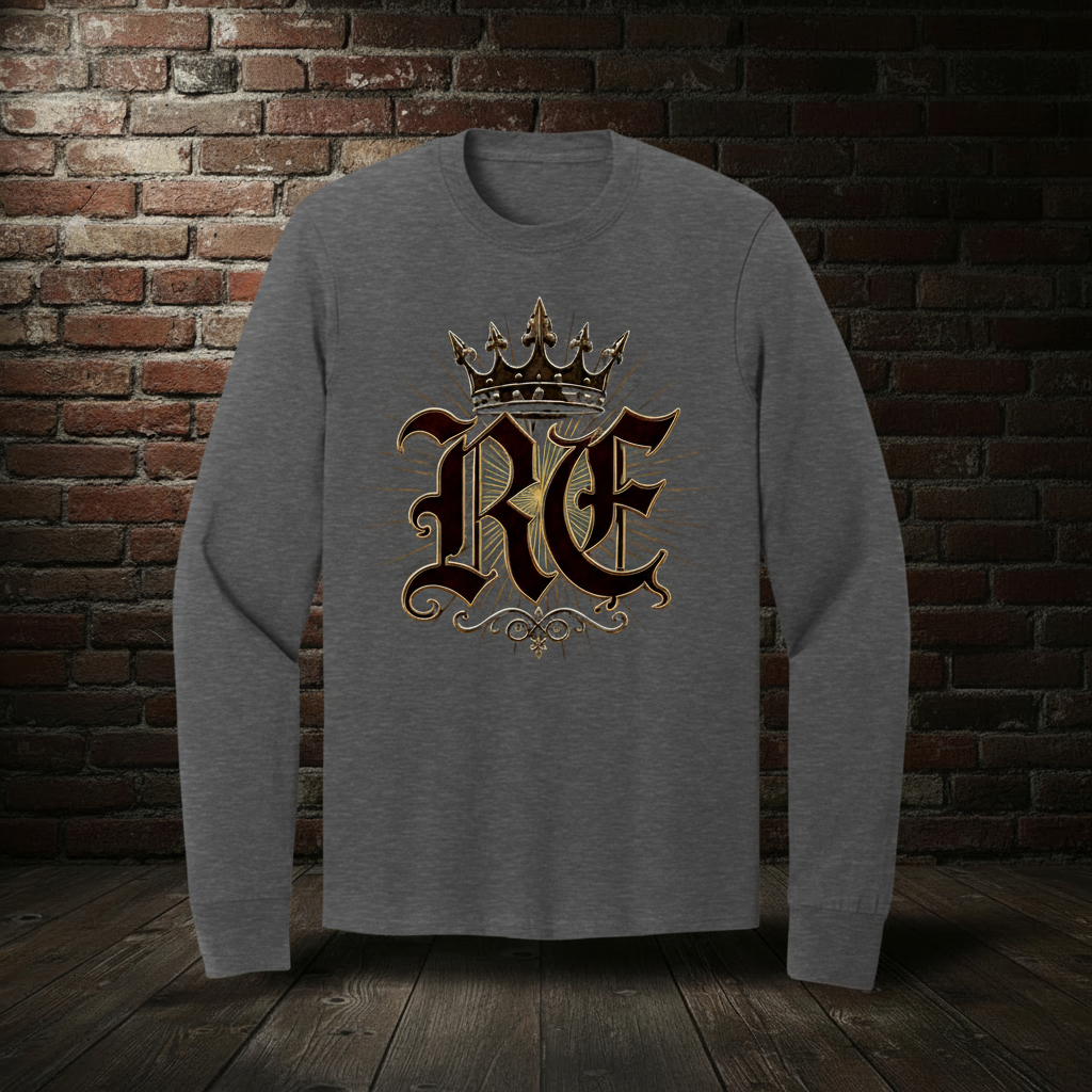 RE Crown long-sleeve tee in Dark Heather Grey with boutique background