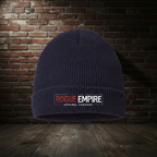 Manifest Destiny Waffle Cuffed Beanie in Navy with boutique brick background