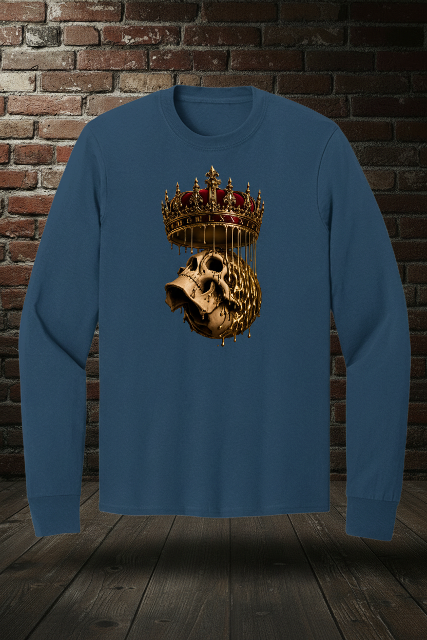 Royal Drip Tee long sleeve in True Navy with Rogue Empire boutique background