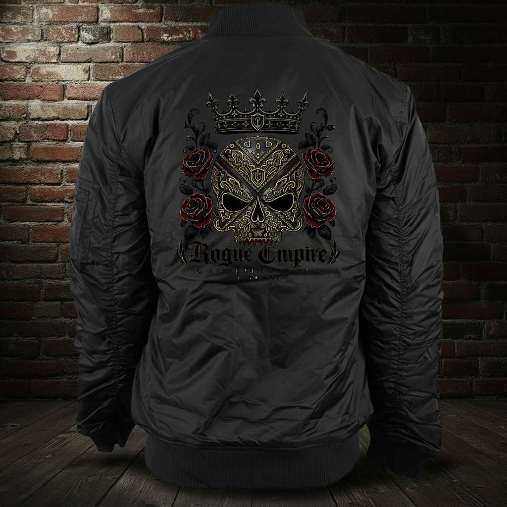Black Sovereign Roses Emblem Bomber back view on the Immortal Scream brick-wall and wood-floor background