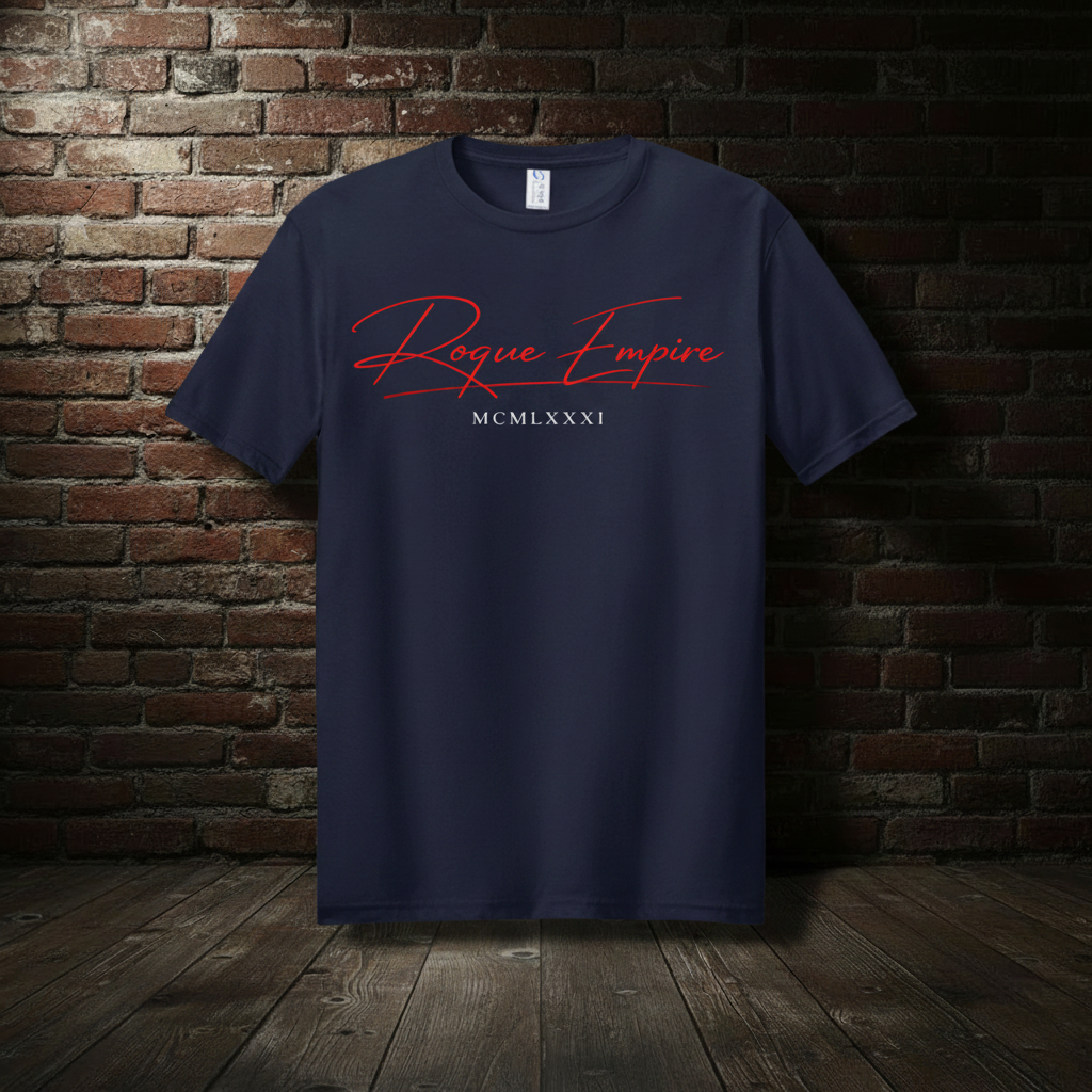 Founder’s Tee in Deep Navy with boutique brick background