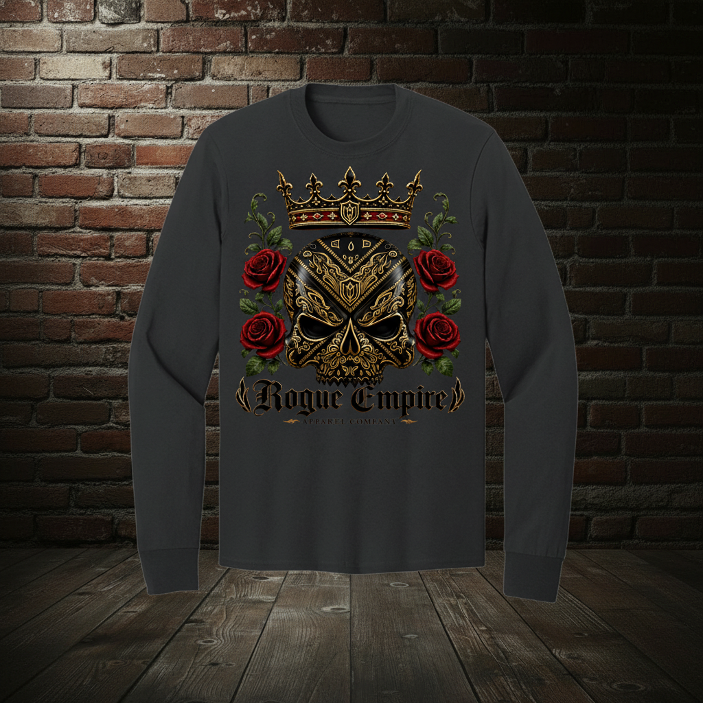 Sovereign Rose long-sleeve tee in Jet Black with the Empire Globe Crest Bomber boutique background
