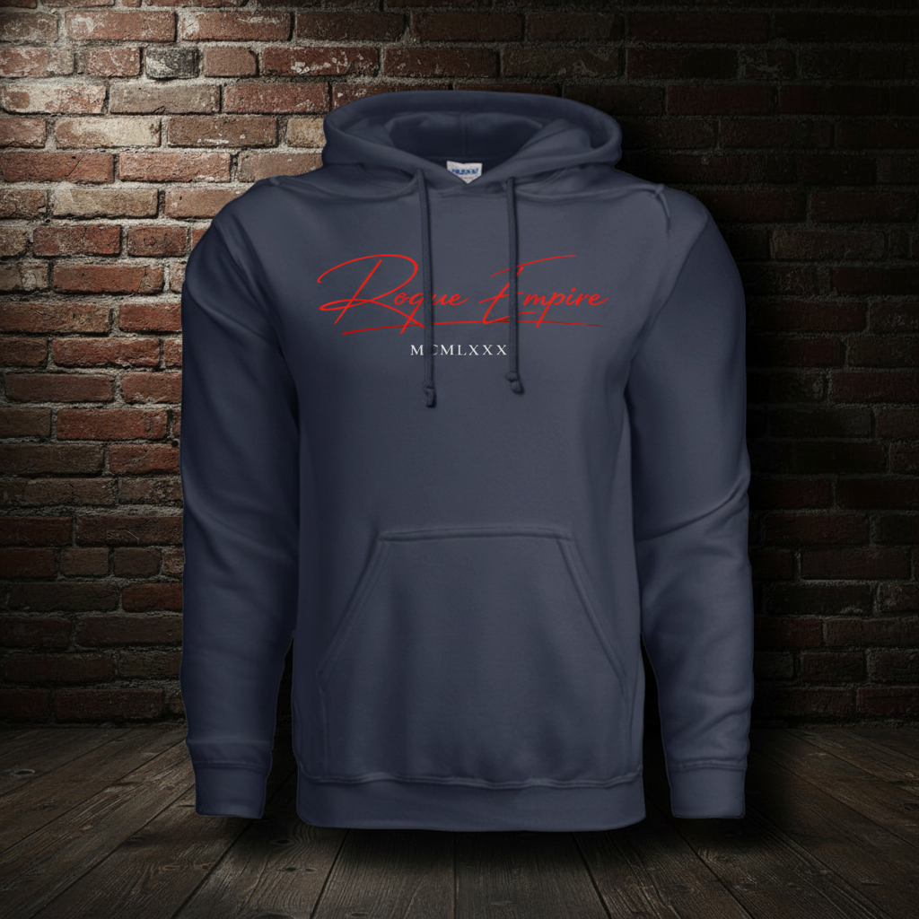 Founders Hoodie in Navy against a dark brick wall