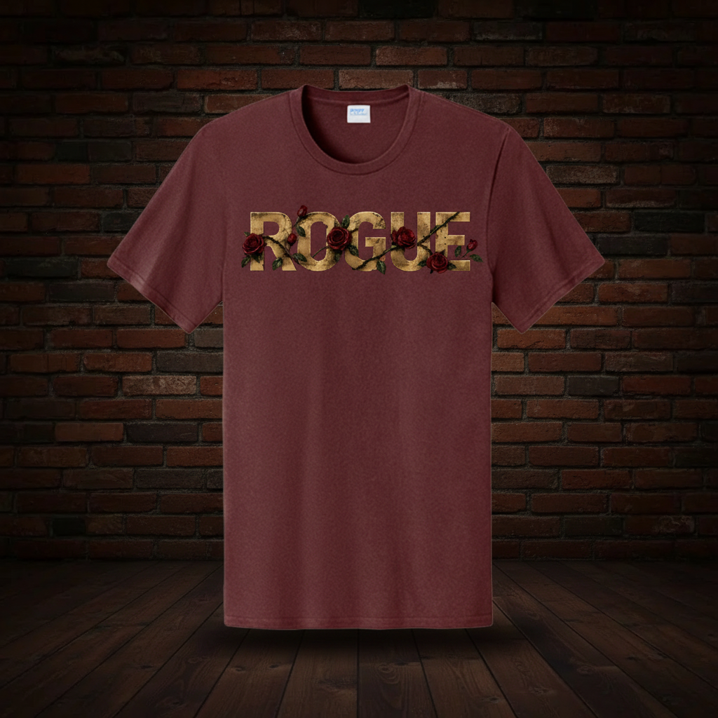 Defiant Bloom Tee Series I Athletic Maroon exact artwork on dark red brick and wood floor background