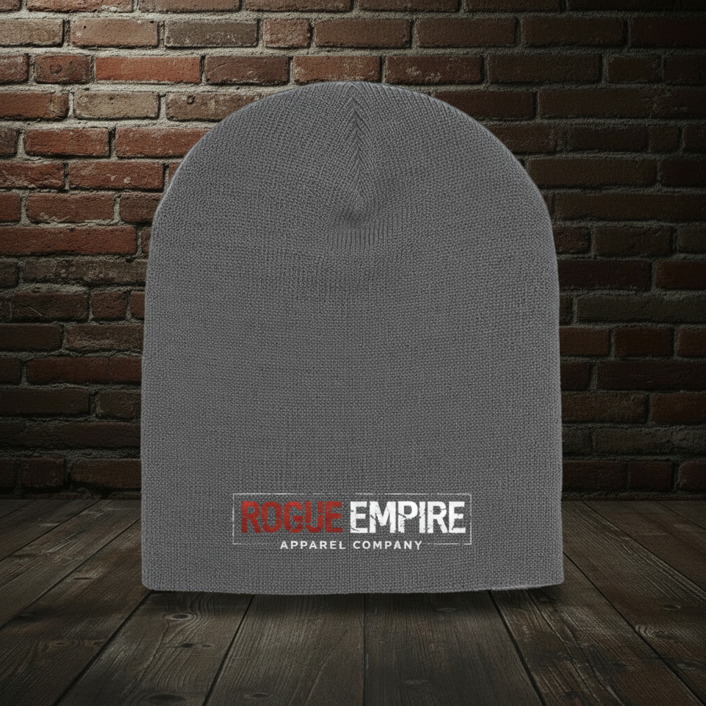 Manifest Destiny Knit Hat in Charcoal with the exact Empire Globe Crest Bomber boutique background